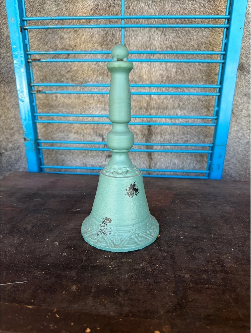 Vintage Green Cast Iron Dinner Bell with Handle